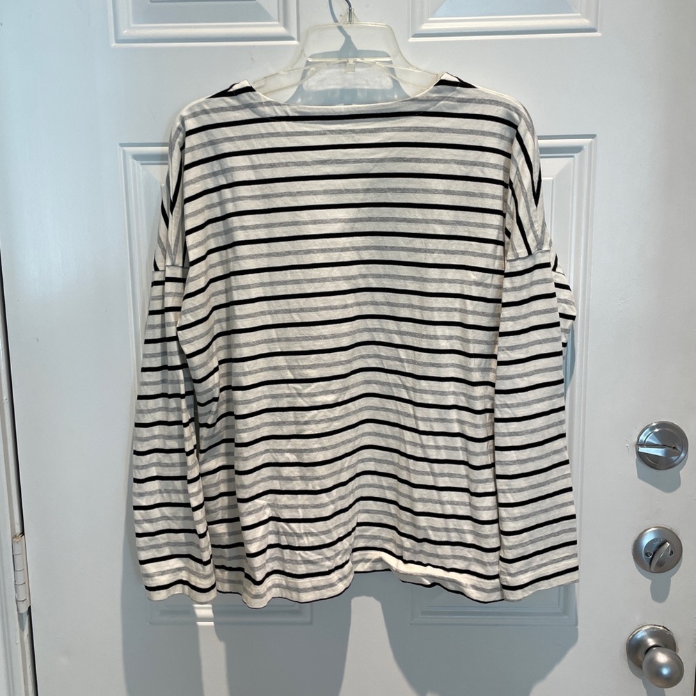 Talbots Black White Striped Cotton Long Sleeve Top Size Petite XL Buttons Gray - Picture 7 of 9